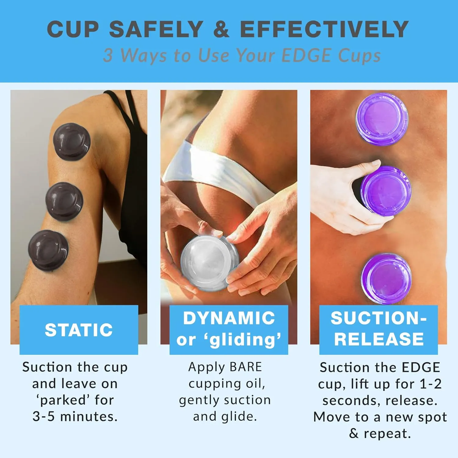 Lure Essentials Edge Cupping Therapy Set Cupping Kit for Massage Therapy Silicone Cupping Set Massage Cups 6 Large Multi-Color Cups (Clear, Onyx, Purple)