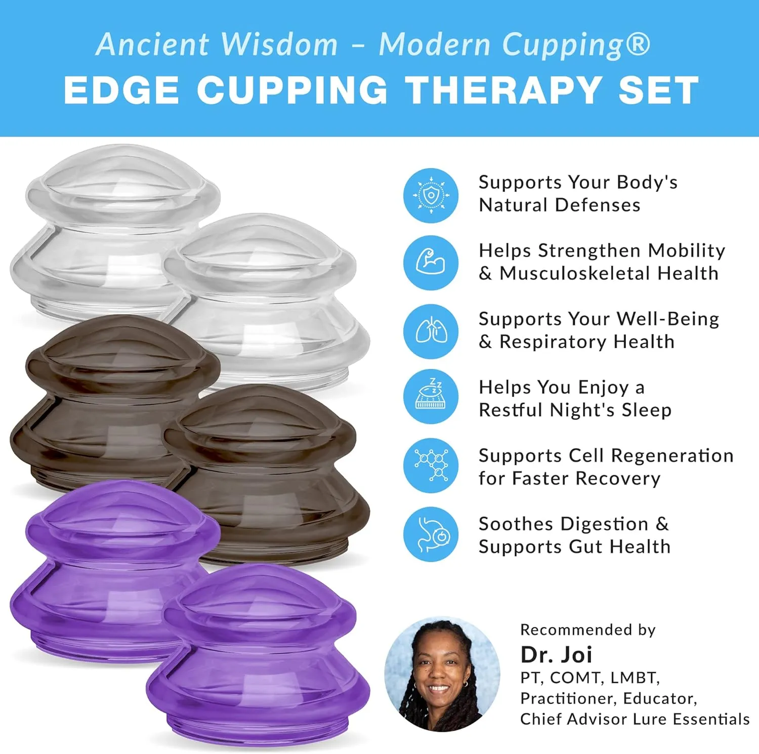 Lure Essentials Edge Cupping Therapy Set Cupping Kit for Massage Therapy Silicone Cupping Set Massage Cups 6 Large Multi-Color Cups (Clear, Onyx, Purple)