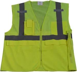 LVM2-SUV-S/M Multi-Pocket Surveyors Safety Vest ANSI Class 2, Lime Mesh, Huge Pockets For iPad & Clipboard, Zipper Closure, S/M