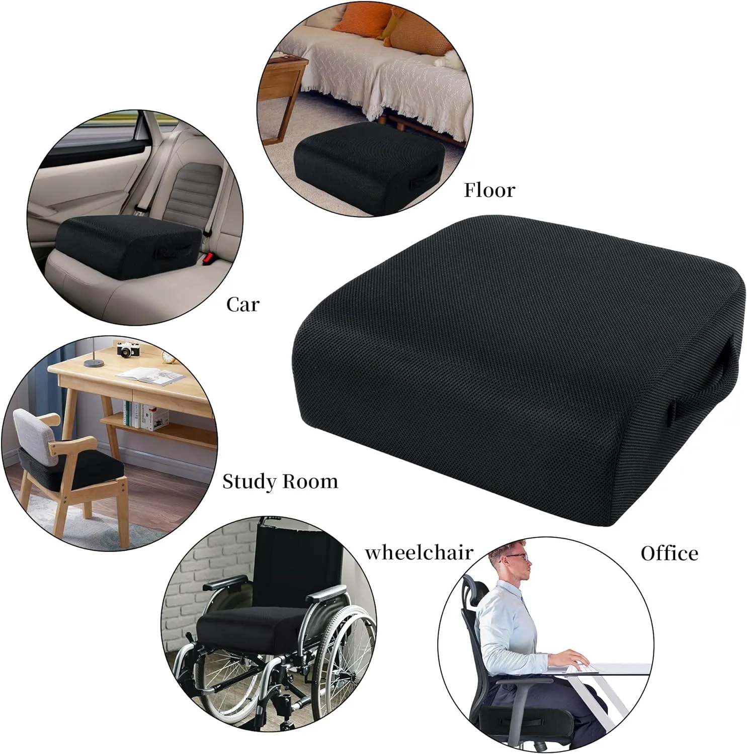 MABOZOO Extra Thick Chair Cushions,Office Chair Booster Seat Cushion to Raise Seat Height for Pain Relief,18 x 16 x 6 inch Non Slip Memory Foam Thick Cushion with Carry Handle（Black）