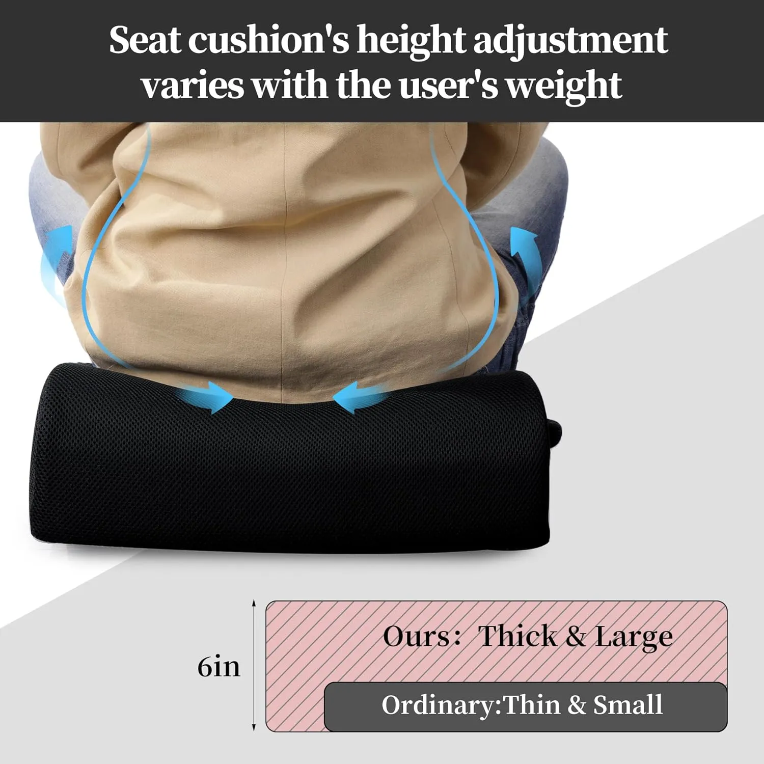 MABOZOO Extra Thick Chair Cushions,Office Chair Booster Seat Cushion to Raise Seat Height for Pain Relief,18 x 16 x 6 inch Non Slip Memory Foam Thick Cushion with Carry Handle（Black）