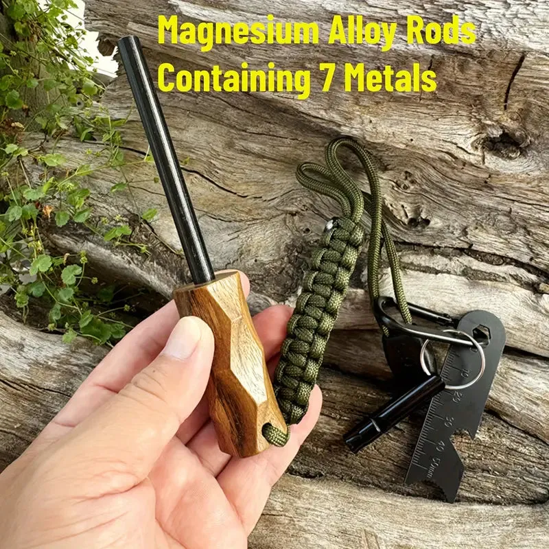 Magnesium Fire Starter Kit with Wood Handle & Whistle