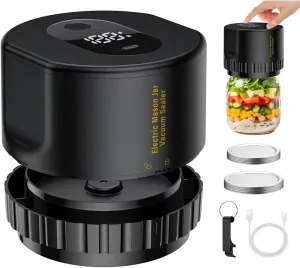 Mason Jar Vacuum Sealer Automatic - Electric Vacuum Pump for Wide Mouth & Regular Mason Jars, Portable Food Preservation Kit for Canning, Herbs, Coffee （BLACK)