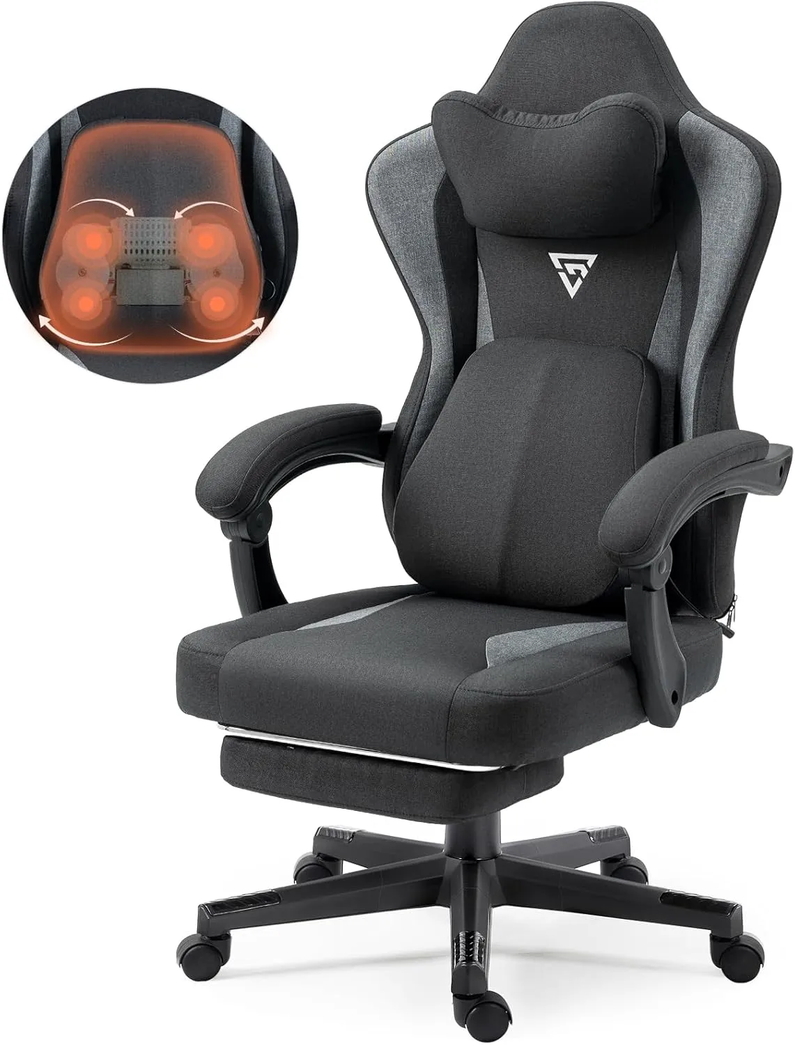 Massage Gaming Chair with Heated Lumbar Support, Breathable Fabric Office Chairs with Footrest and Pocket Spring Cushion, Recliner High Back PC Chair for Adult Heavy People, Black Grey