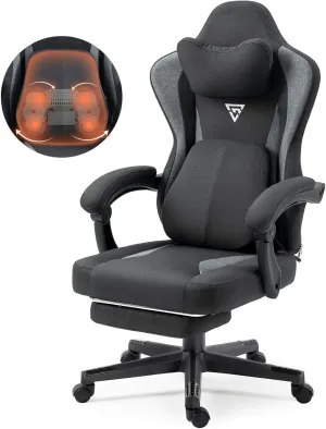 Massage Gaming Chair with Heated Lumbar Support, Breathable Fabric Office Chairs with Footrest and Pocket Spring Cushion, Recliner High Back PC Chair for Adult Heavy People, Black Grey