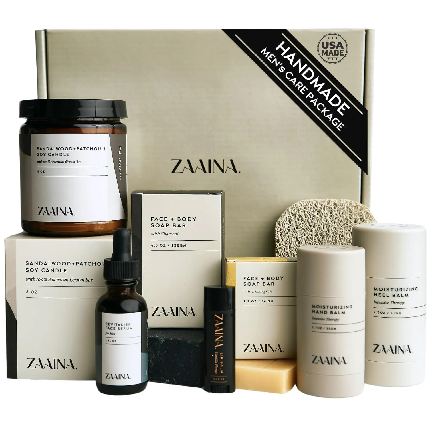 Men's Self Care Package - Luxury Spa Gift Set for Him, Unique Father's Day Gifts for Men - Handmade in USA, Relaxation Spa Gift Set for Him - Natural Men Skin Care Kit with Sandalwood Candle, Self Care Gift for Men by ZAAINA