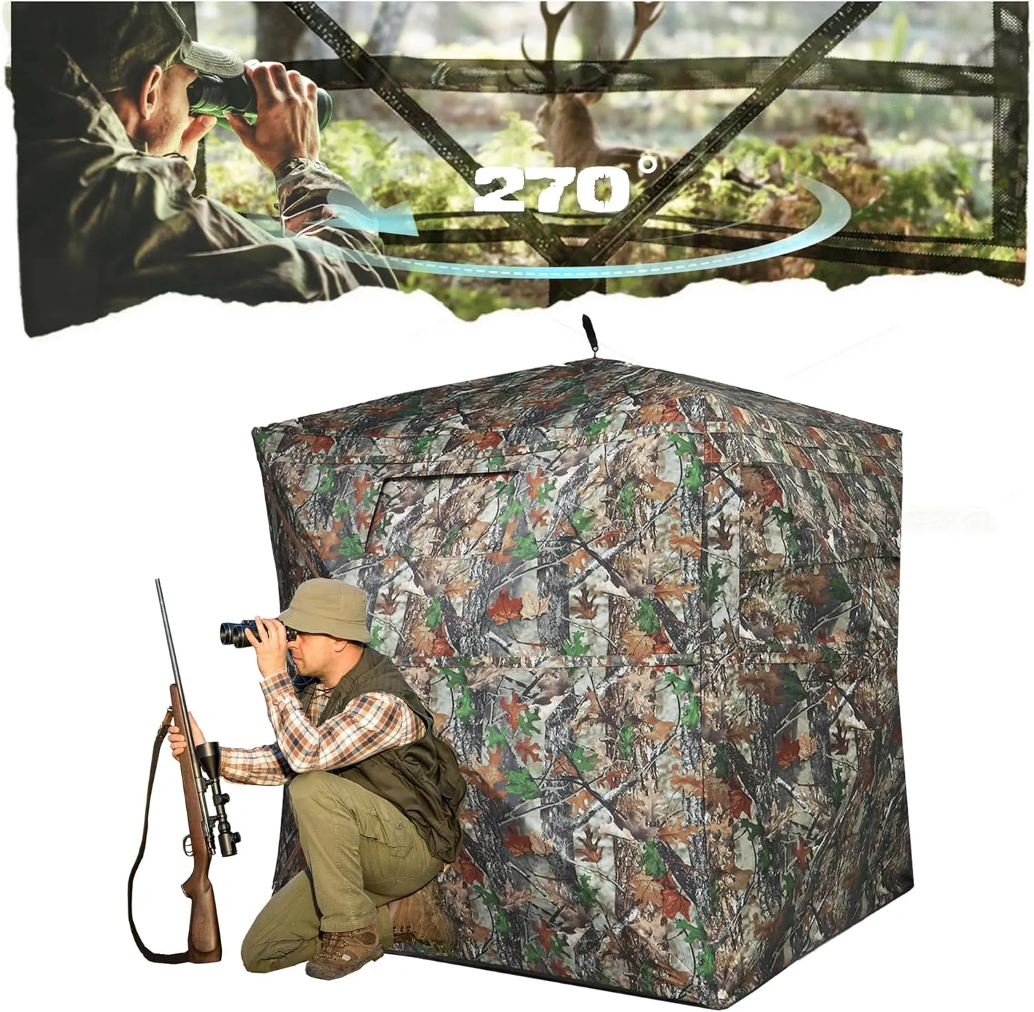 Merapi Hunting Blind 270° See Through Blinds with Carrying Bag and Silent Zipper, Pop Up Ground Blind for Deer Turkey Duck Hunting, Portable Resilient Hunting Tent
