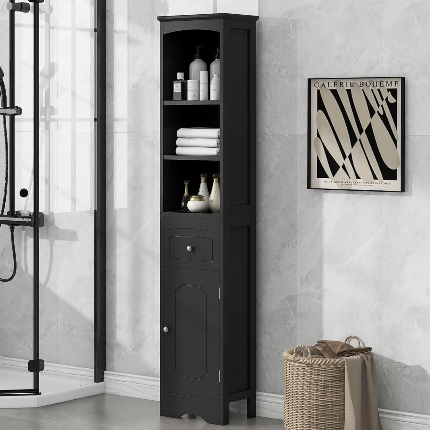 Merax Tall Slim Storgae Cabinet Linen Tower with Drawer and Door, Freestanding Cupboard for Home, Kitchen or Living Room, Adjustable Shelf, Black