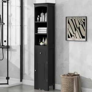 Merax Tall Slim Storgae Cabinet Linen Tower with Drawer and Door, Freestanding Cupboard for Home, Kitchen or Living Room, Adjustable Shelf, Black