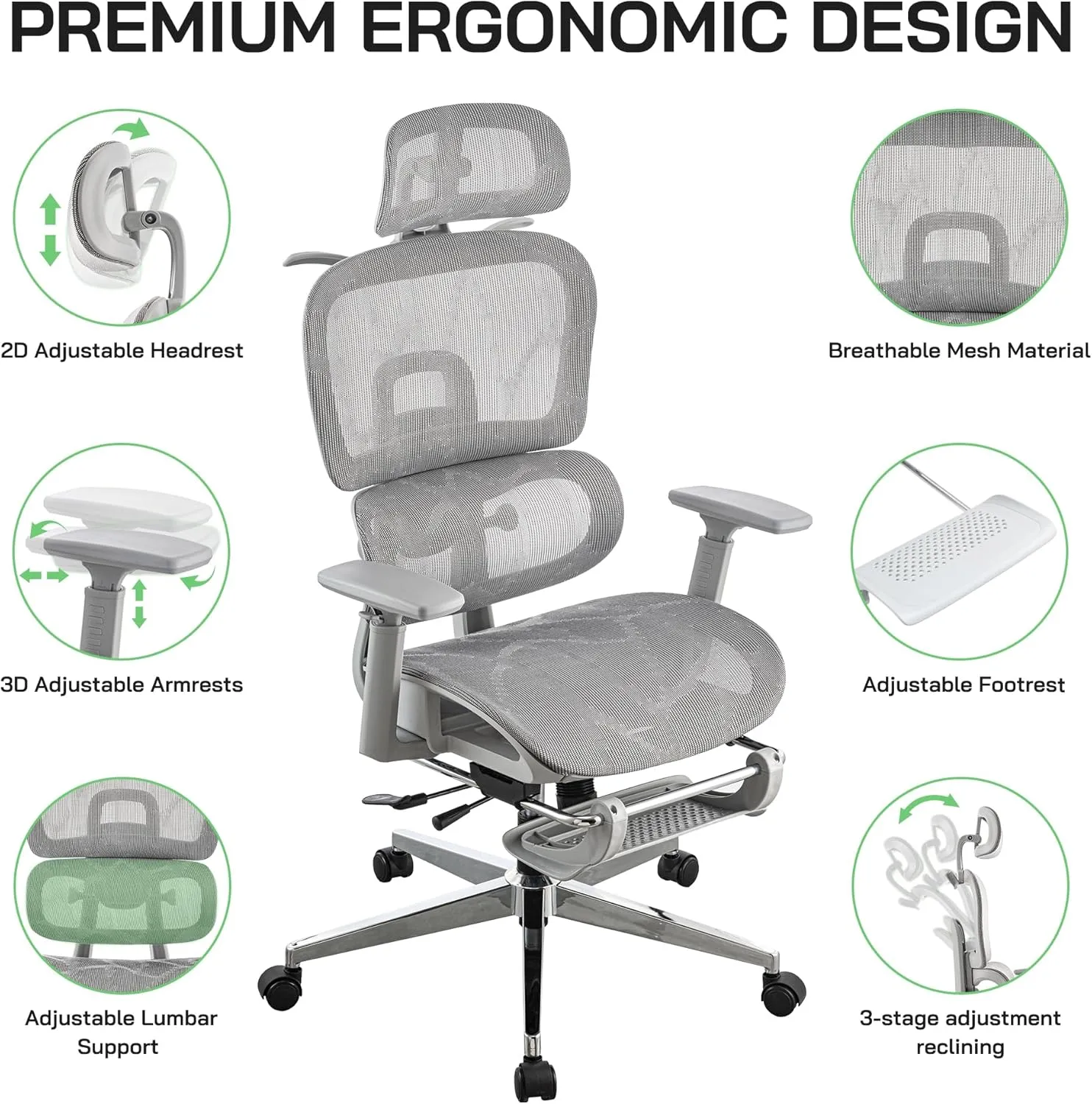 Mesh Ergonomic Office Chair with Footrest,High Back Computer Gaming Chair with Lumbar Support,Back Support,Adjustable Armrests for Big and Tall Napping Work(Grey)