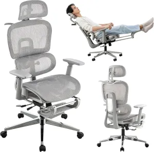 Mesh Ergonomic Office Chair with Footrest,High Back Computer Gaming Chair with Lumbar Support,Back Support,Adjustable Armrests for Big and Tall Napping Work(Grey)