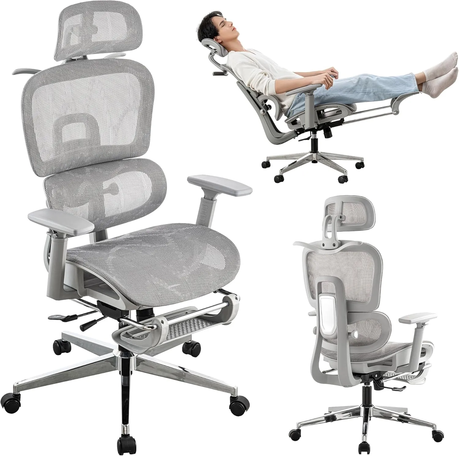 Mesh Ergonomic Office Chair with Footrest,High Back Computer Gaming Chair with Lumbar Support,Back Support,Adjustable Armrests for Big and Tall Napping Work(Grey)