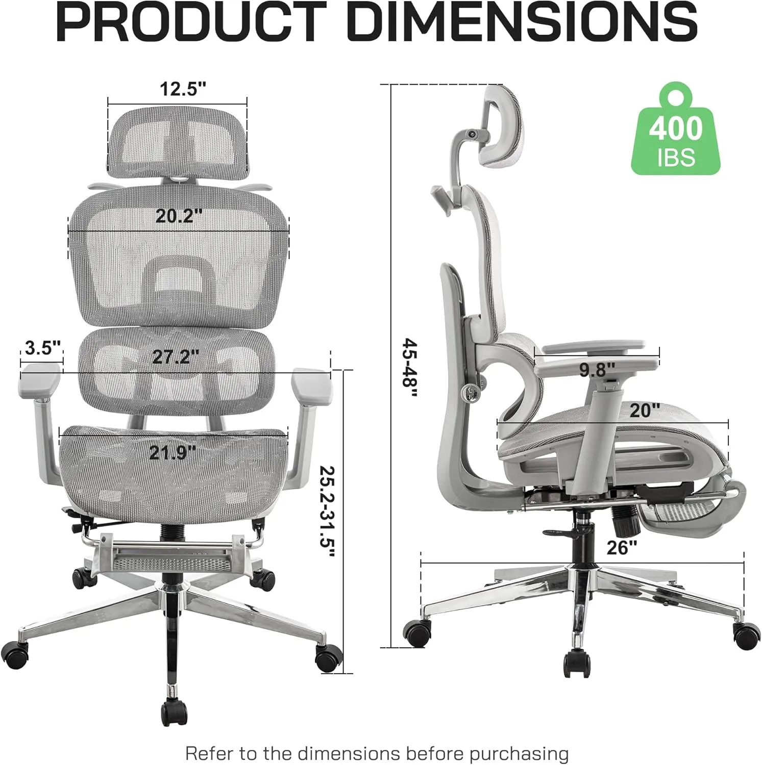 Mesh Ergonomic Office Chair with Footrest,High Back Computer Gaming Chair with Lumbar Support,Back Support,Adjustable Armrests for Big and Tall Napping Work(Grey)