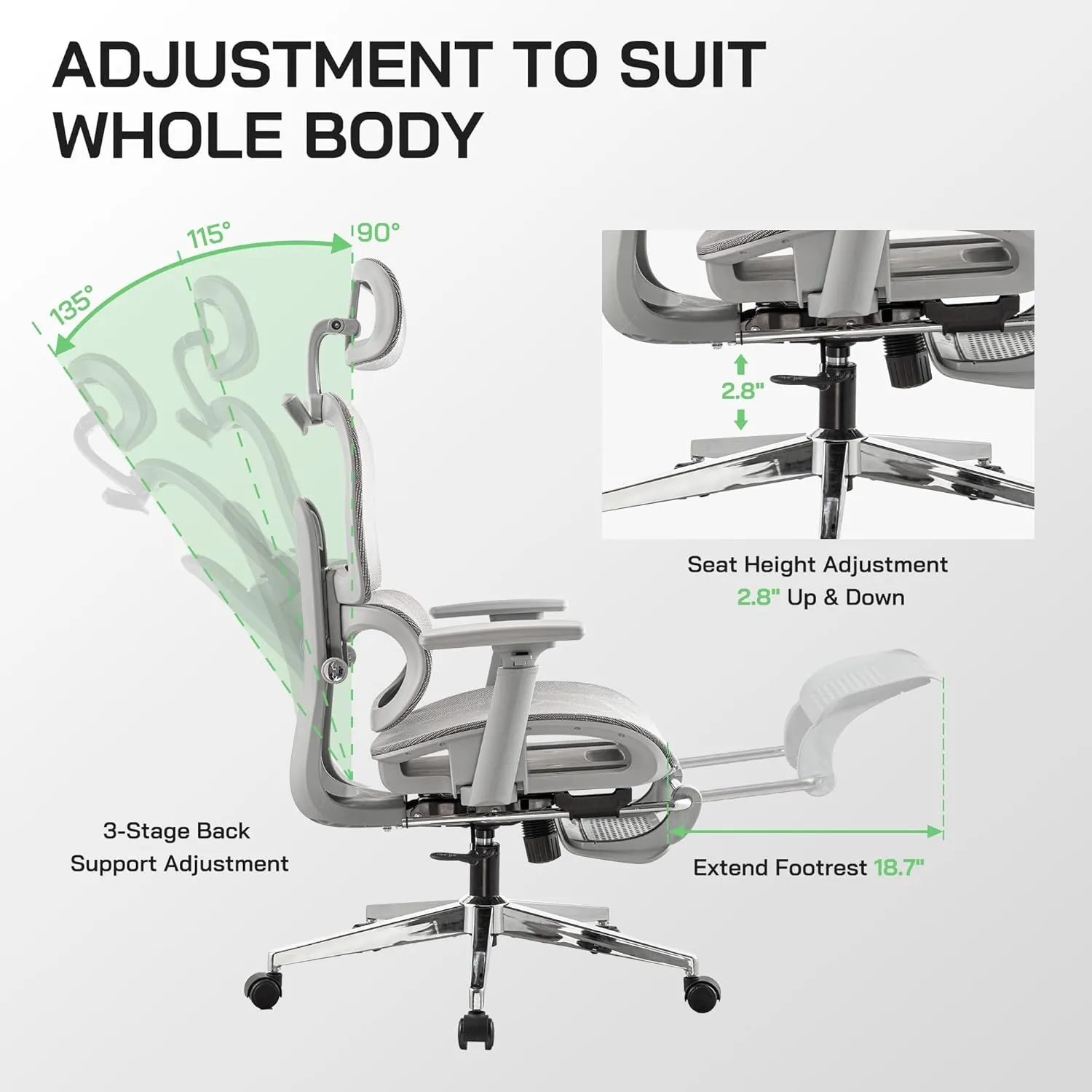 Mesh Ergonomic Office Chair with Footrest,High Back Computer Gaming Chair with Lumbar Support,Back Support,Adjustable Armrests for Big and Tall Napping Work(Grey)