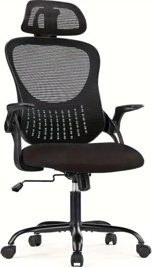 Mesh Ergonomic Office Computer Desk Chair with Adjustable Headrests & Flip-up Arms,for Living Room,Bedroom,Study,Office(26.7"×20.08"×53"). (Black)