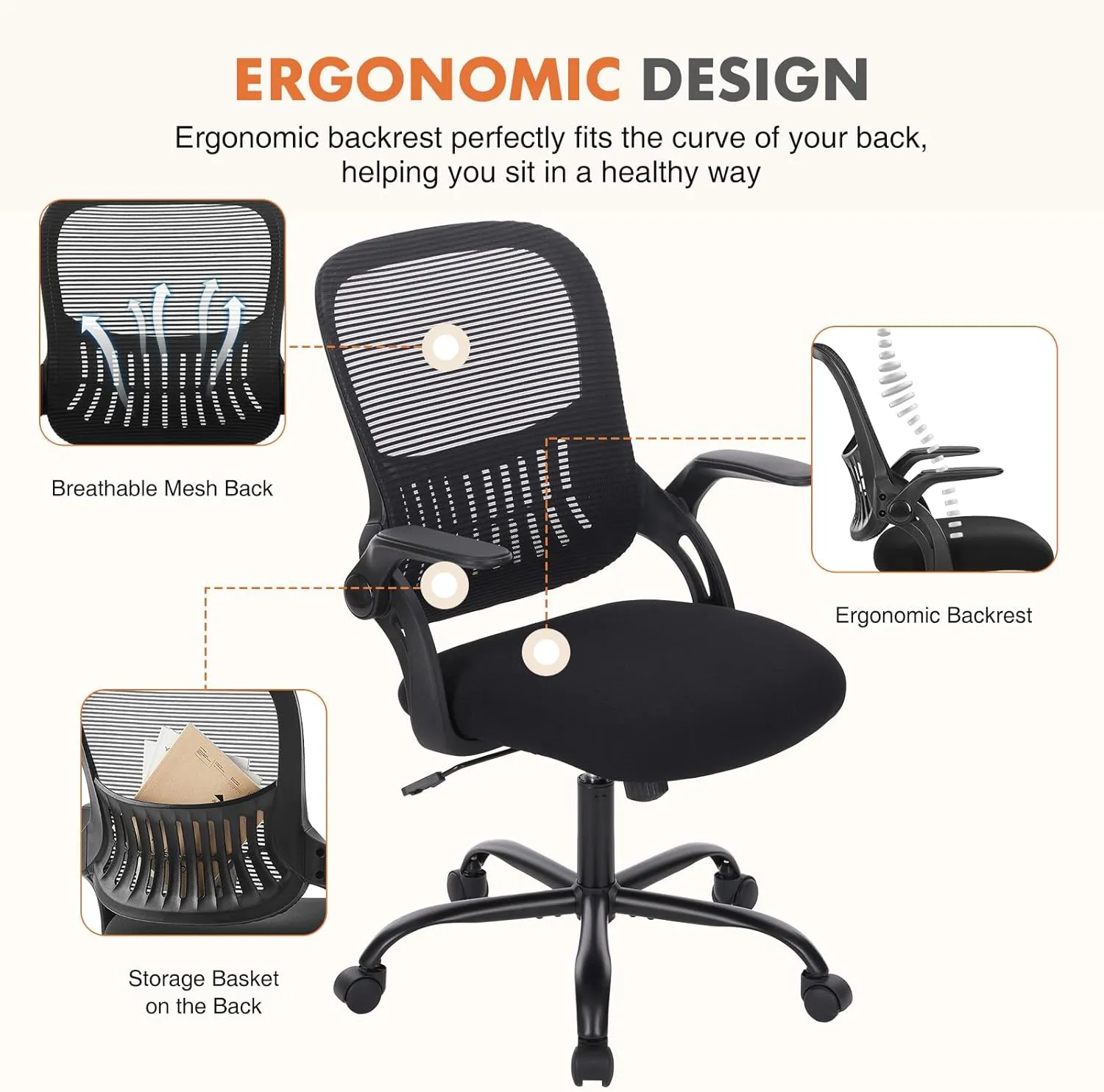 Mesh Office Chair, Ergonomic Mid-Back Mesh Swivel Task Computer Desk Chairs with Wheels, Lumbar Support, Comfy Flip-up Arms for Home, Bedroom, Study, Student, Ink