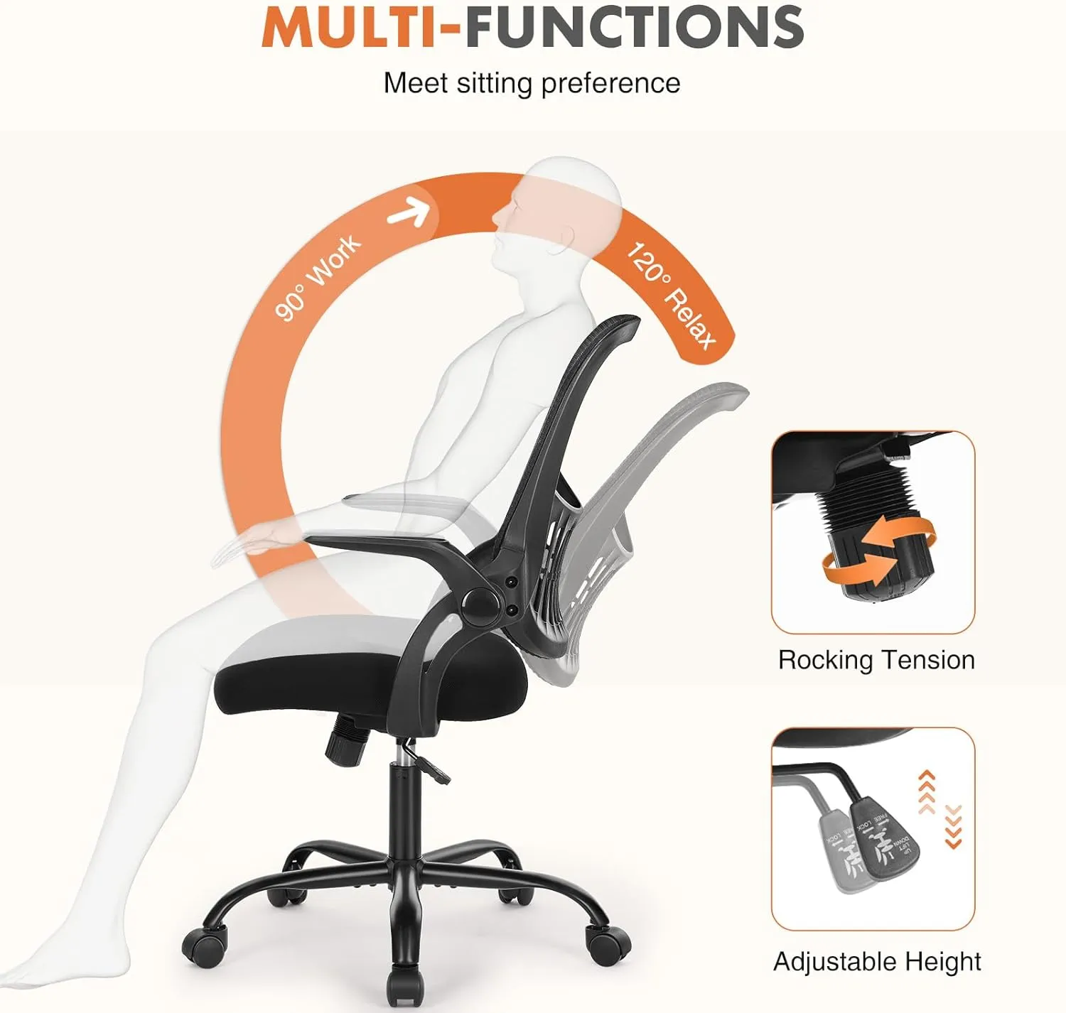 Mesh Office Chair, Ergonomic Mid-Back Mesh Swivel Task Computer Desk Chairs with Wheels, Lumbar Support, Comfy Flip-up Arms for Home, Bedroom, Study, Student, Ink
