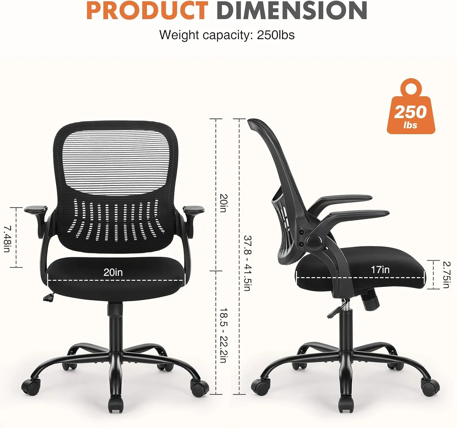 Mesh Office Chair, Ergonomic Mid-Back Mesh Swivel Task Computer Desk Chairs with Wheels, Lumbar Support, Comfy Flip-up Arms for Home, Bedroom, Study, Student, Ink
