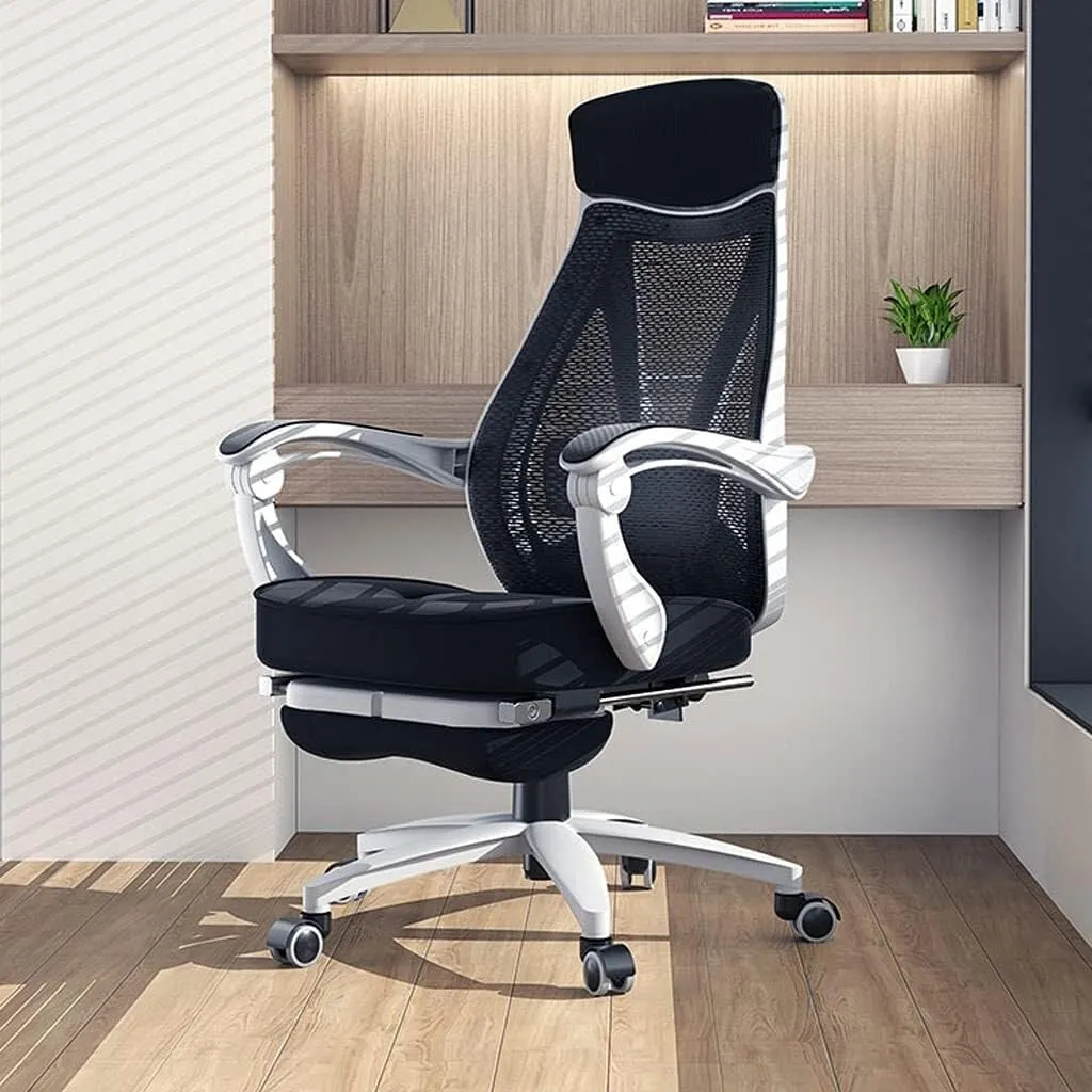 Mesh Office Chair with Pulley Bracket, Ergonomic High-Back Adjustable Desk Chair with armrests, for Office, Dormitory, Home Gift (Color : Black, White)(White)
