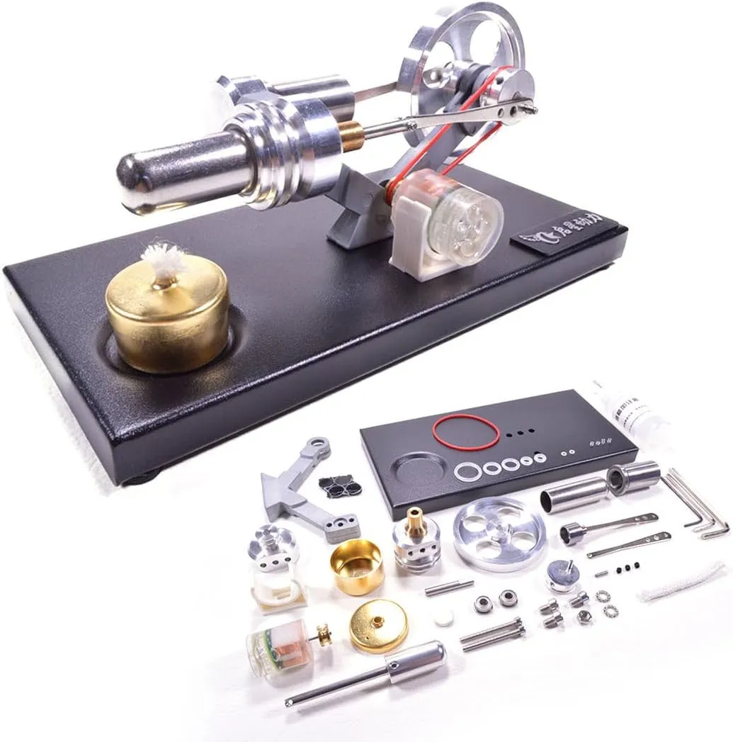 Metal Cylinder Stirling Engine Model Kit, DIY Metal Model with 4 LED Lights and Black Metal Base, Physics Science Engine Toy Set for Adults - Assembly Version