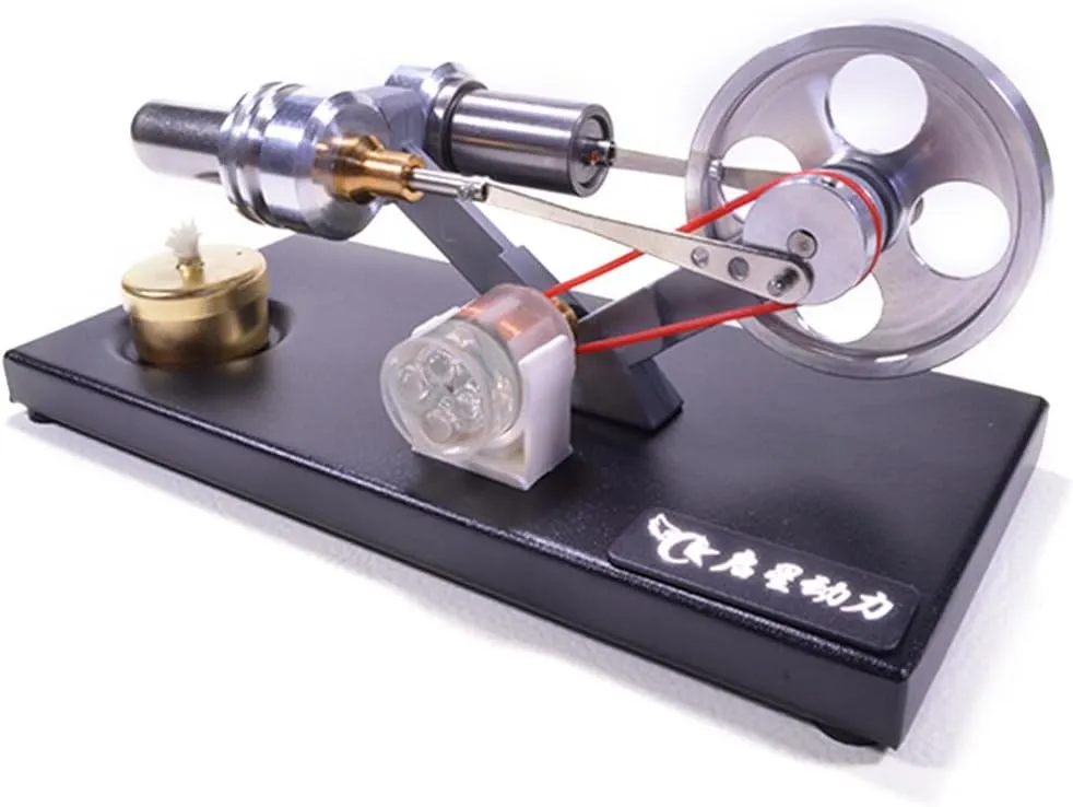 Metal Cylinder Stirling Engine Model Kit, DIY Metal Model with 4 LED Lights and Black Metal Base, Physics Science Engine Toy Set for Adults - Assembly Version
