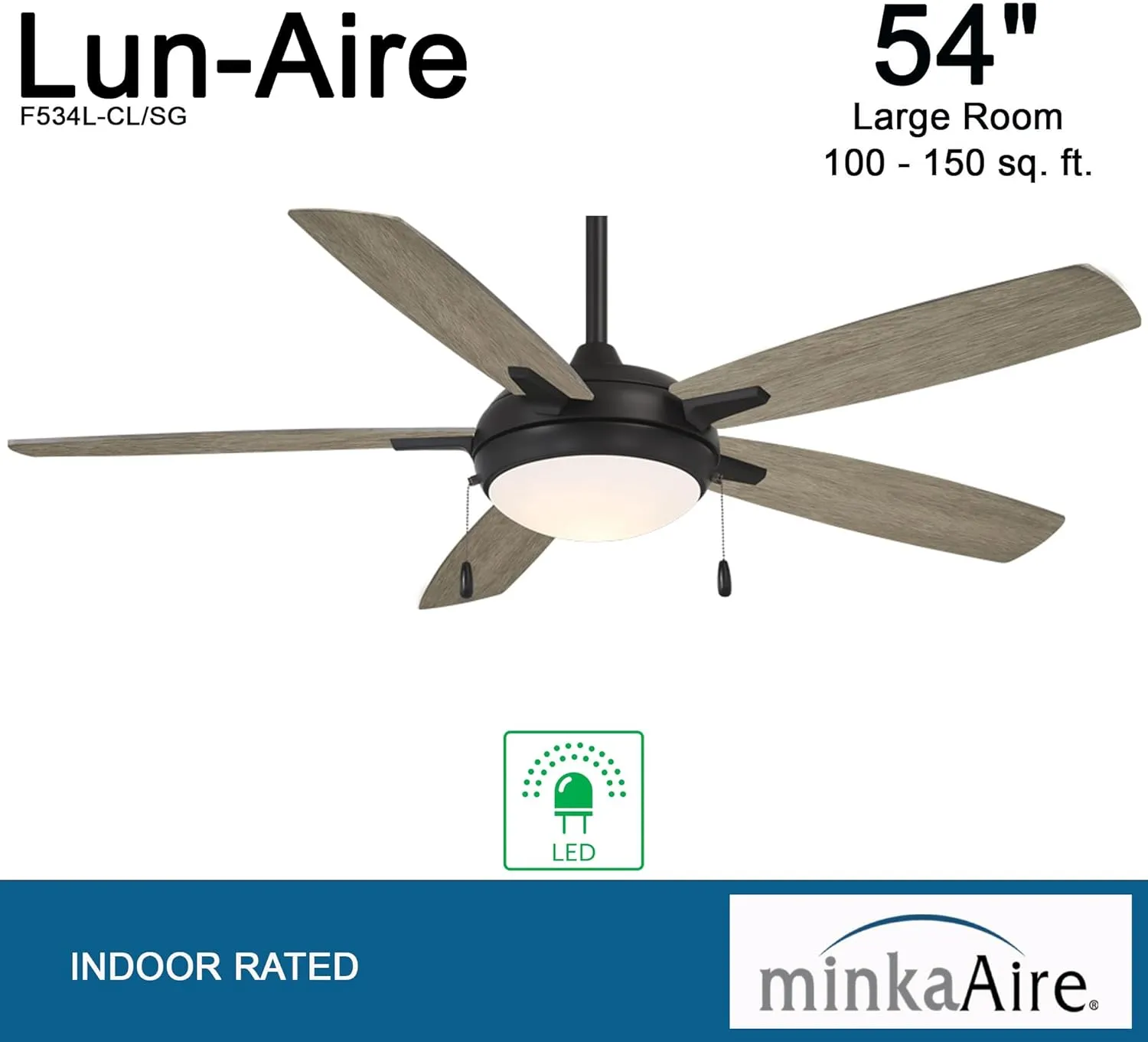MINKA-AIRE F534L-CL/SG Lun-Aire 54 Inch Ceiling Fan with Integrated LED Light Kit with Pull Chain in Coal Finish
