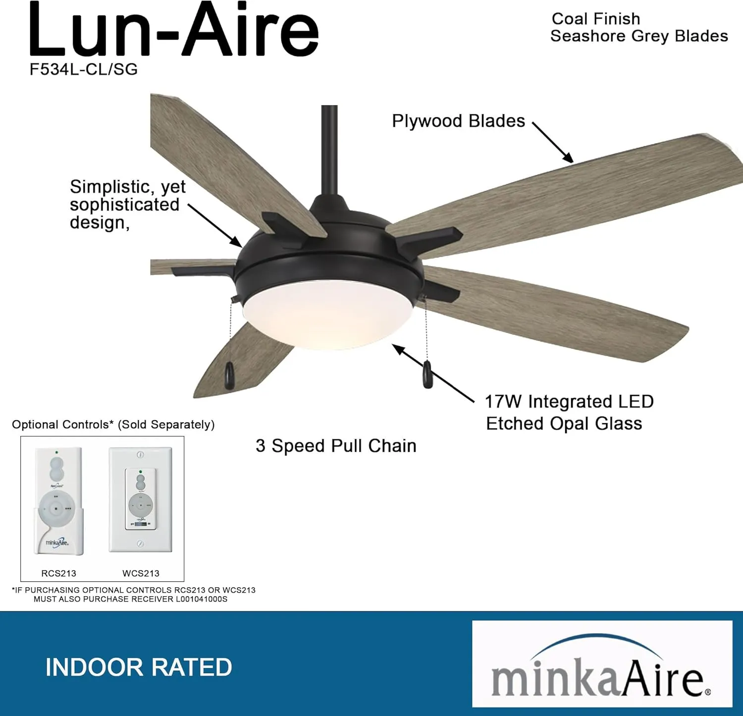 MINKA-AIRE F534L-CL/SG Lun-Aire 54 Inch Ceiling Fan with Integrated LED Light Kit with Pull Chain in Coal Finish