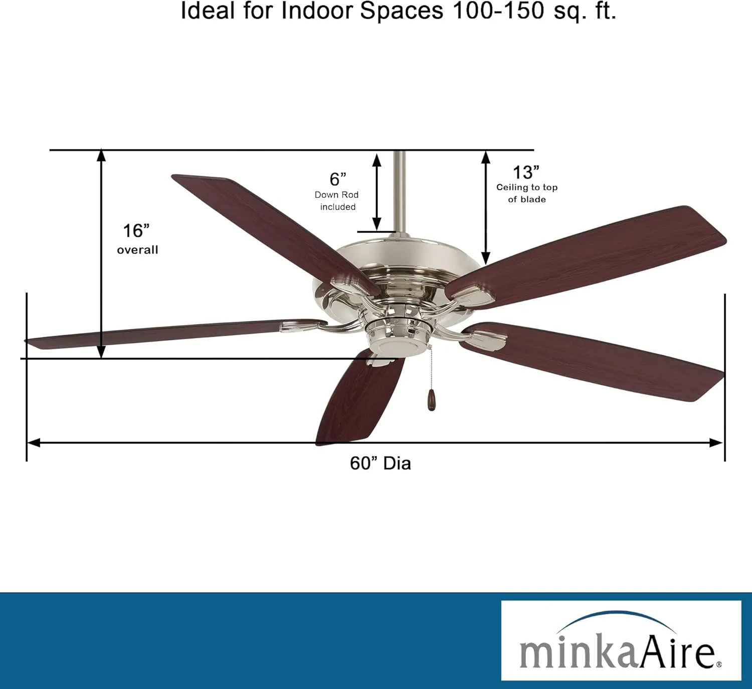 MINKA-AIRE F551-PN Watt 60 Inch Energy Star Rated Ceiling Fan with DC Motor and 4 Speed Pull Chain in Polished Nickel Finish