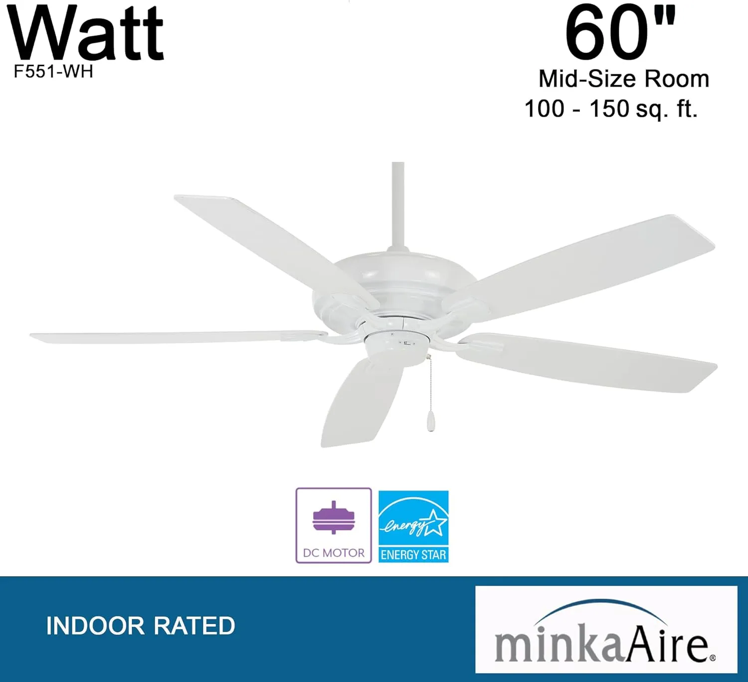 MINKA-AIRE F551-WH Watt 60 Inch Energy Star Rated Ceiling Fan with DC Motor and 4 Speed Pull Chain in White Finish