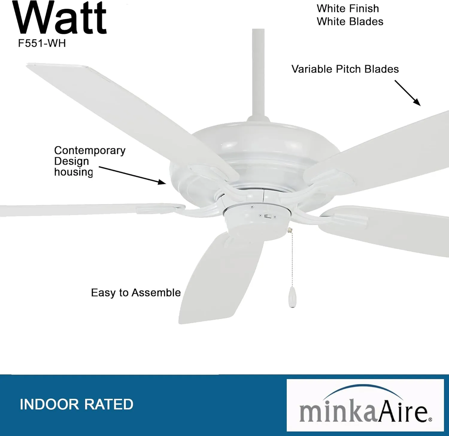 MINKA-AIRE F551-WH Watt 60 Inch Energy Star Rated Ceiling Fan with DC Motor and 4 Speed Pull Chain in White Finish