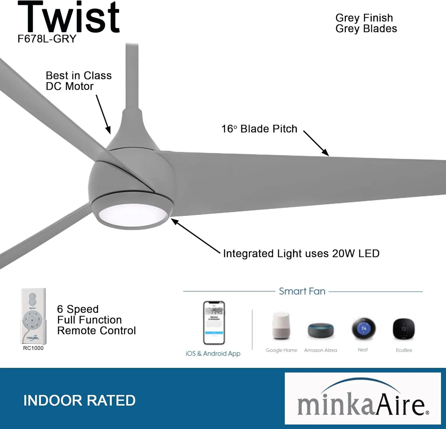 Minka Aire F678L-GRY Twist 52" Ceiling Fan with LED Lights and Remote Control, Grey