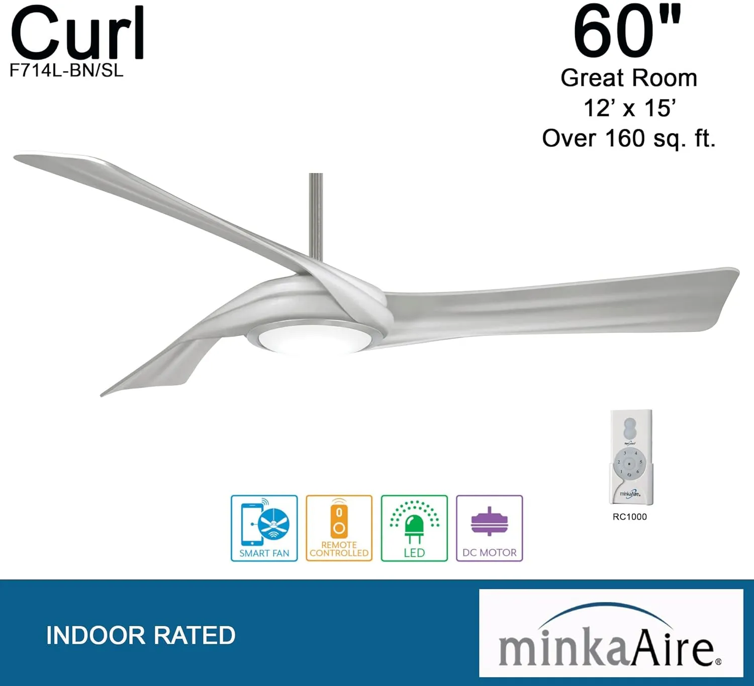 Minka-Aire F714L-BN/SL Curl 60" Ceiling Fan with LED Lights & Remote, Brushed Nickel w/Silver