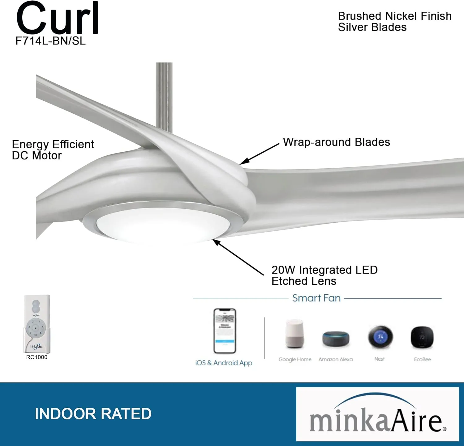Minka-Aire F714L-BN/SL Curl 60" Ceiling Fan with LED Lights & Remote, Brushed Nickel w/Silver