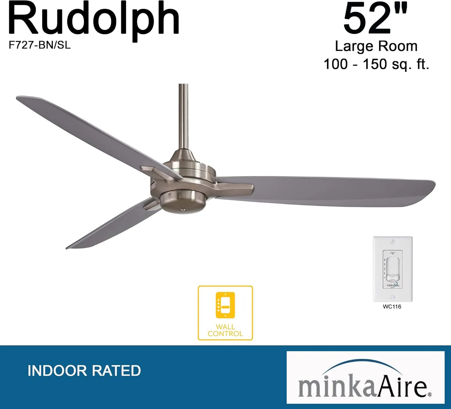 MINKA-AIRE F727-BN/SL Rudolph 52 Inch Ceiling Fan in Brushed Nickel Finish with Silver Blades