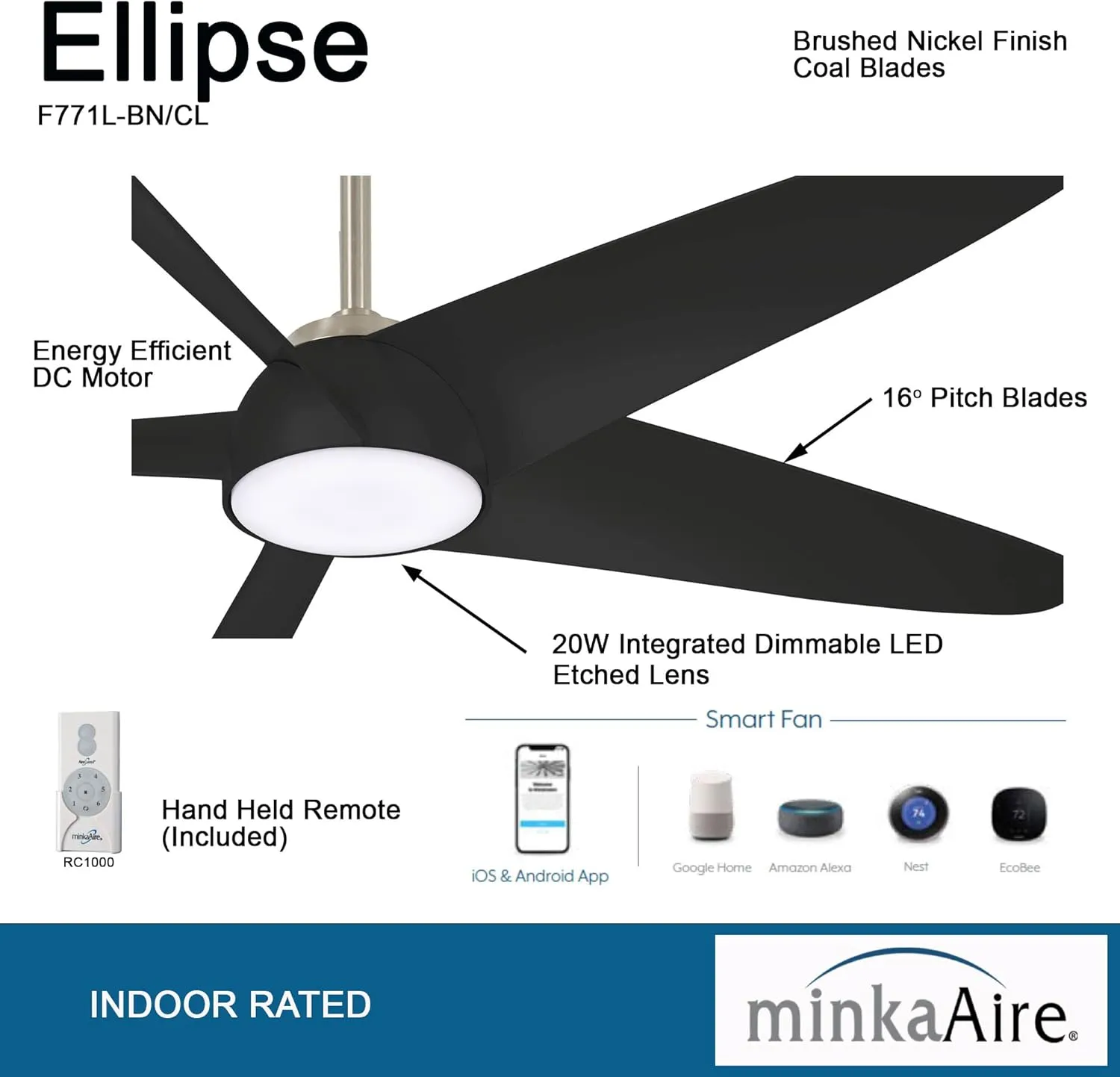 Minka-Aire F771L-BN/CL Ellipse 60" Ceiling Fan with LED Lights, Brushed Nickel/Coal