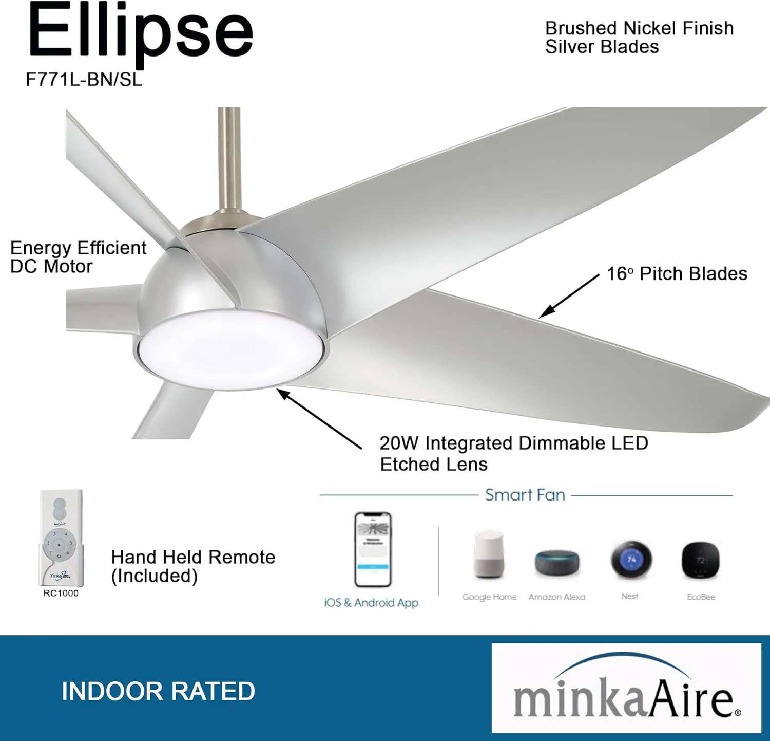 Minka-Aire F771L-BN/SL Ellipse 60" Ceiling Fan with LED Lights, Brushed Nickel