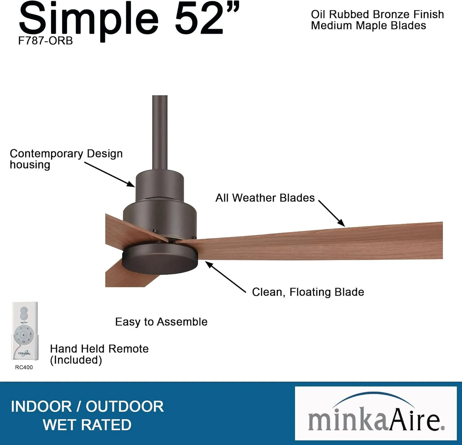 MINKA-AIRE F787-ORB 52" 3-Blade Ceiling Fan in Oil Rubbed Bronze Finish with Medium Maple Blades