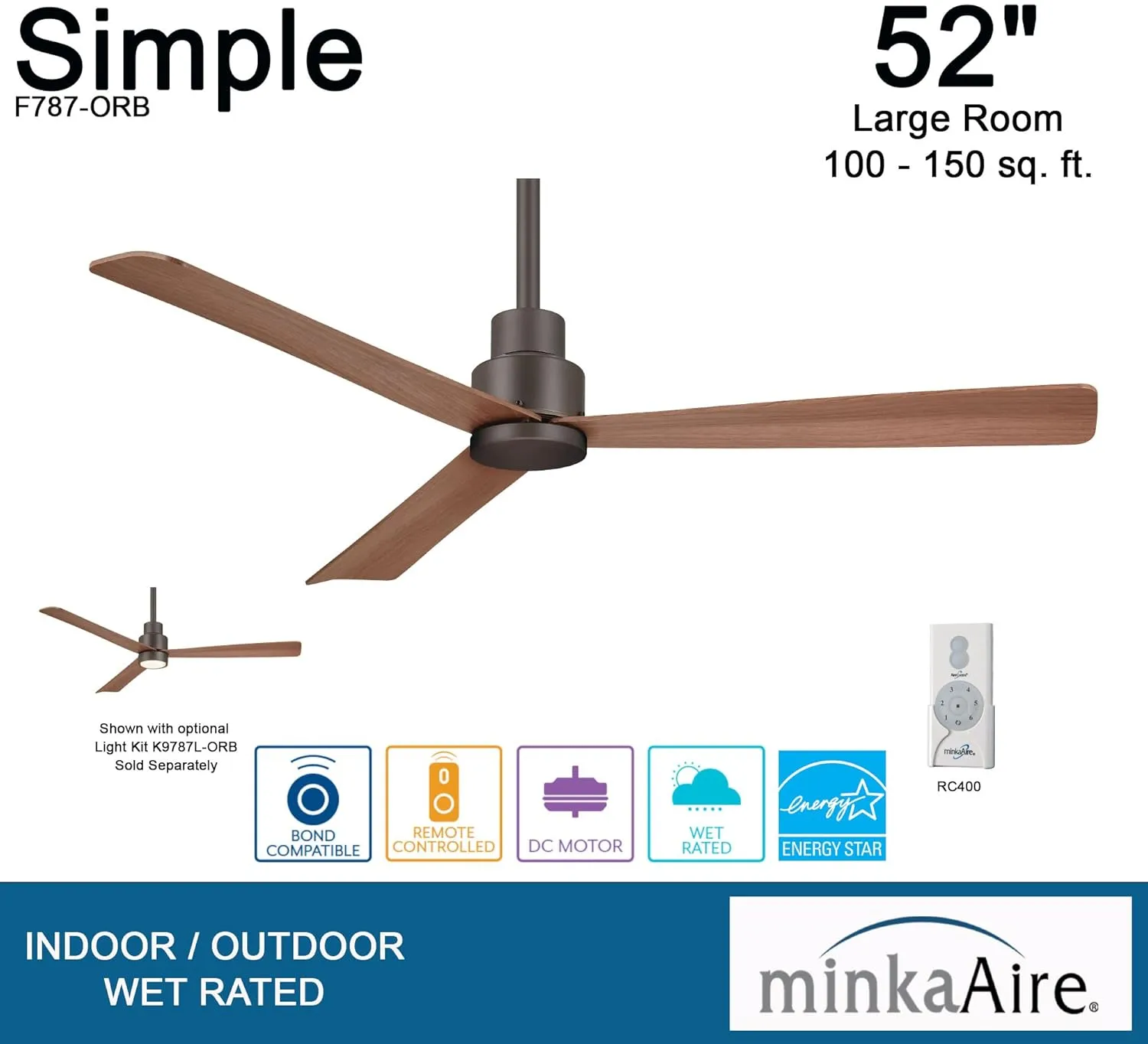 MINKA-AIRE F787-ORB 52" 3-Blade Ceiling Fan in Oil Rubbed Bronze Finish with Medium Maple Blades