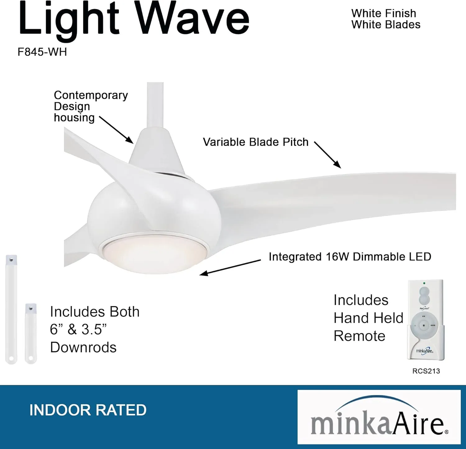 Minka-Aire F845-WH Light Wave 44" Low Profile Ceiling Fan with LED Light in White Finish with Remote Control and Included 3.5" Downrod