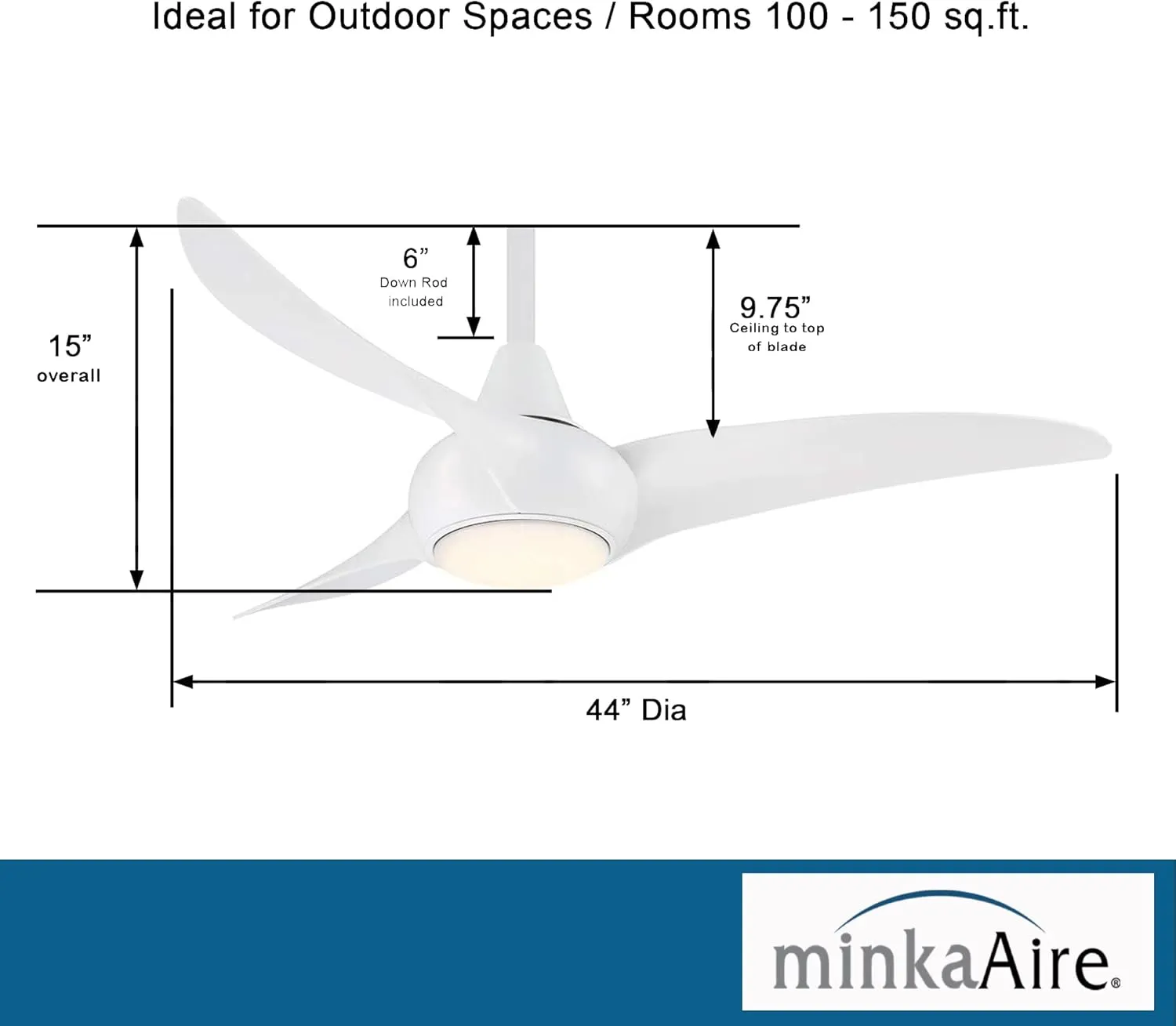 Minka-Aire F845-WH Light Wave 44" Low Profile Ceiling Fan with LED Light in White Finish with Remote Control and Included 3.5" Downrod
