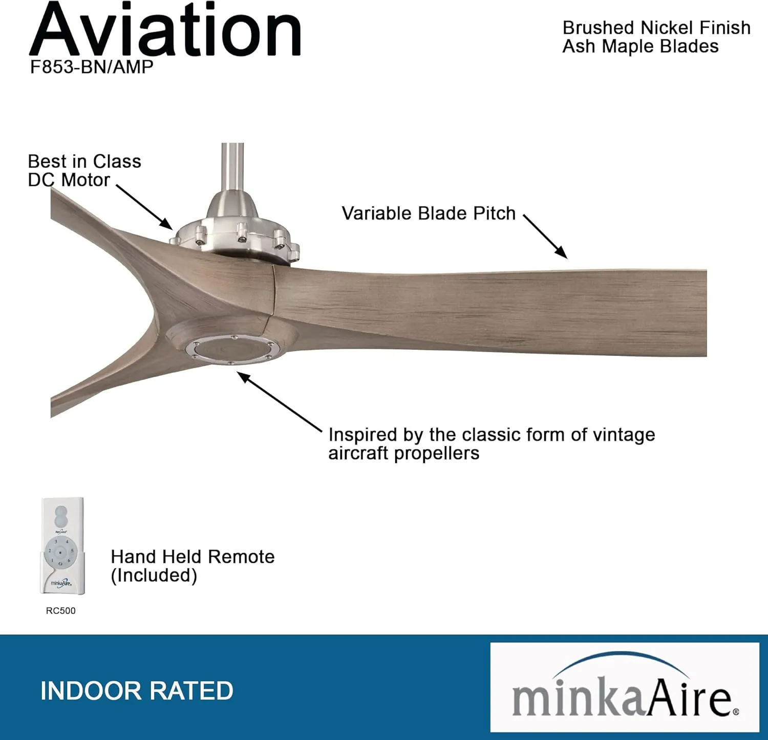 MINKA-AIRE F853-BN/AMP Aviation 60 Inch Ceiling Fan with DC Motor in Brushed Nickel Finish and Ash Maple Blades