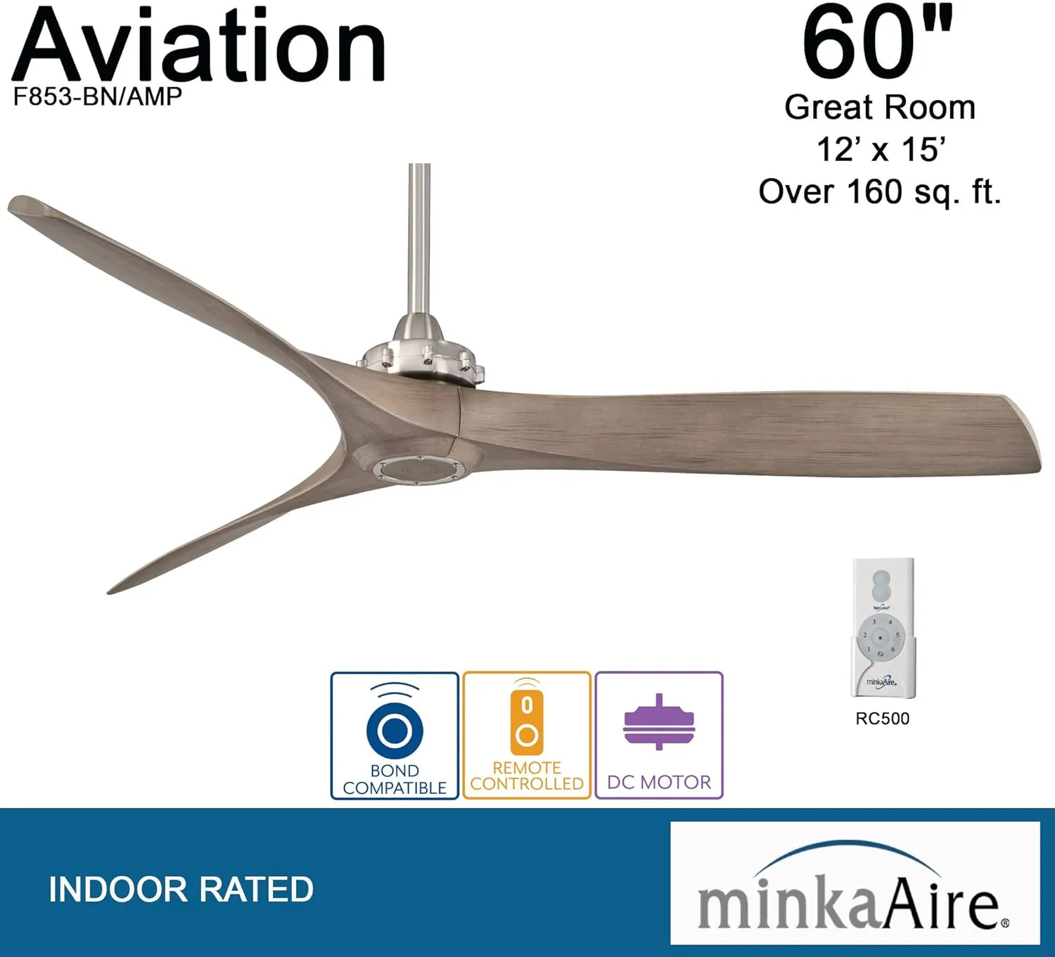 MINKA-AIRE F853-BN/AMP Aviation 60 Inch Ceiling Fan with DC Motor in Brushed Nickel Finish and Ash Maple Blades