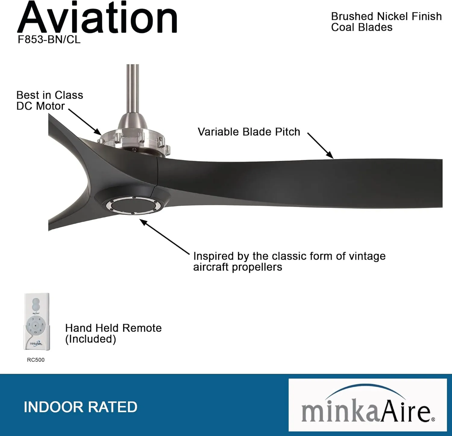 MINKA-AIRE F853-BN/CL Aviation 60 Inch Ceiling Fan with DC Motor in Brushed Nickel Finish and Coal Blades