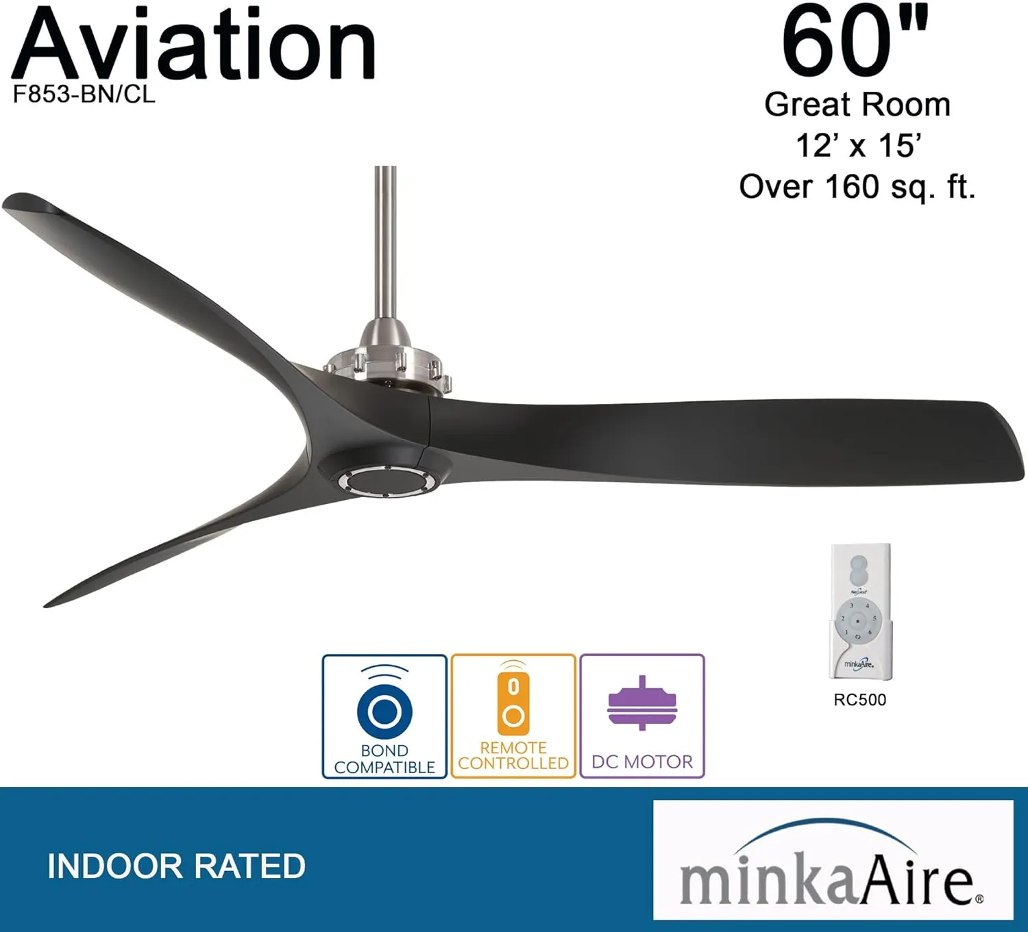 MINKA-AIRE F853-BN/CL Aviation 60 Inch Ceiling Fan with DC Motor in Brushed Nickel Finish and Coal Blades