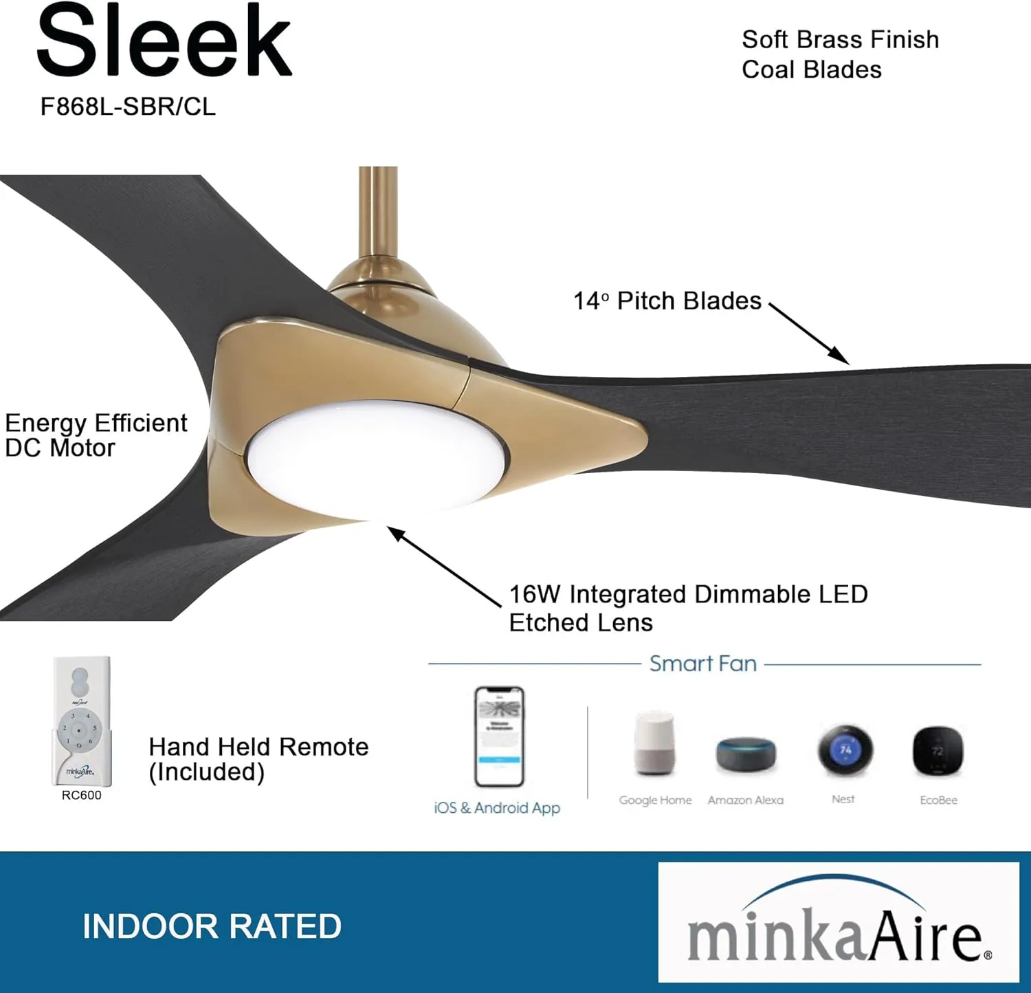 MINKA-AIRE Sleek Fan in Satin Brass/Coal