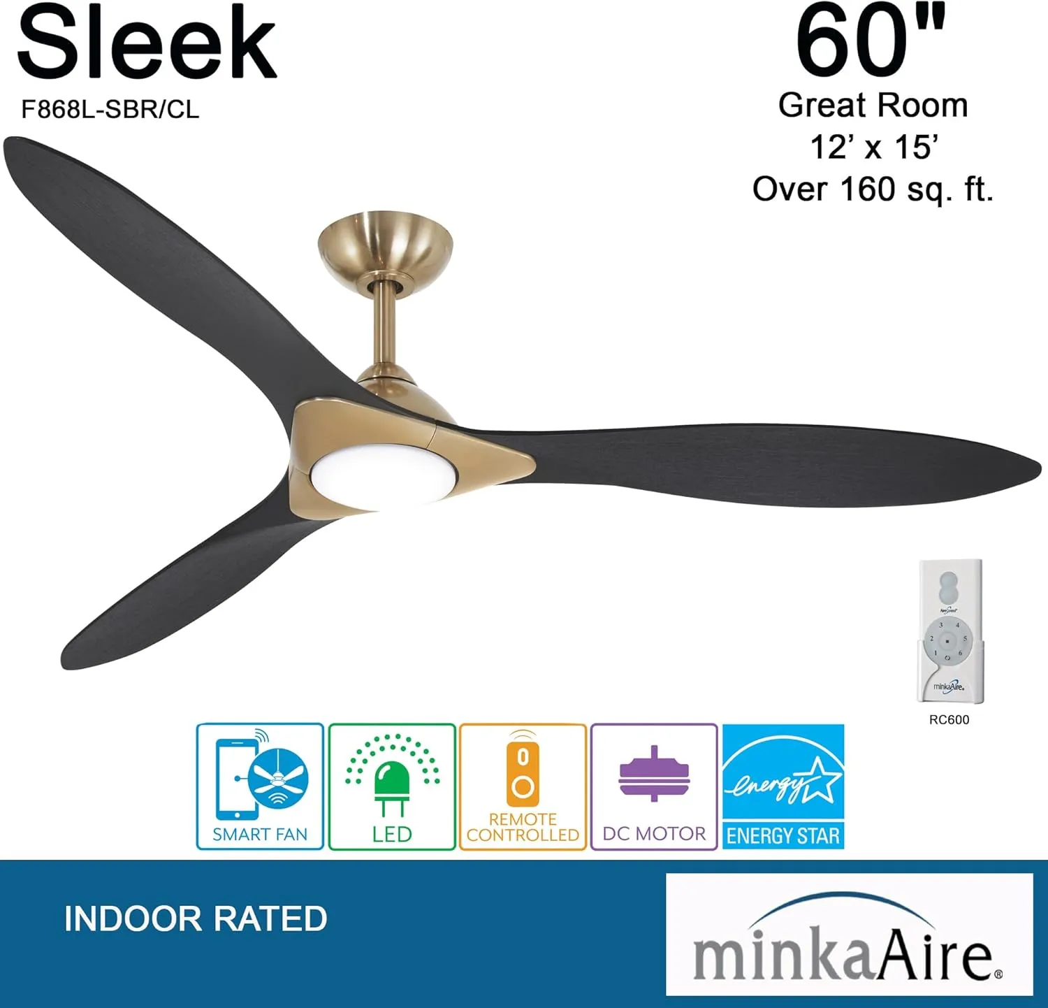 MINKA-AIRE Sleek Fan in Satin Brass/Coal