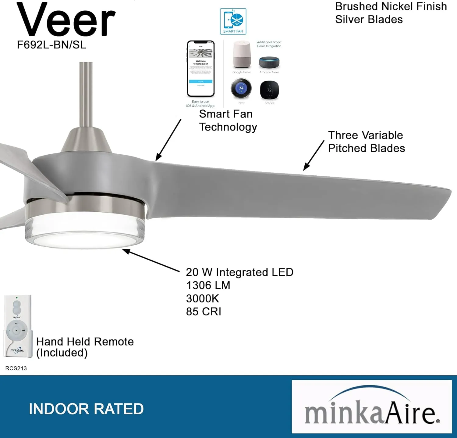 MINKA-AIRE Veer 56" LED Ceiling Fan F692L-BN/SL - Brushed Nickel