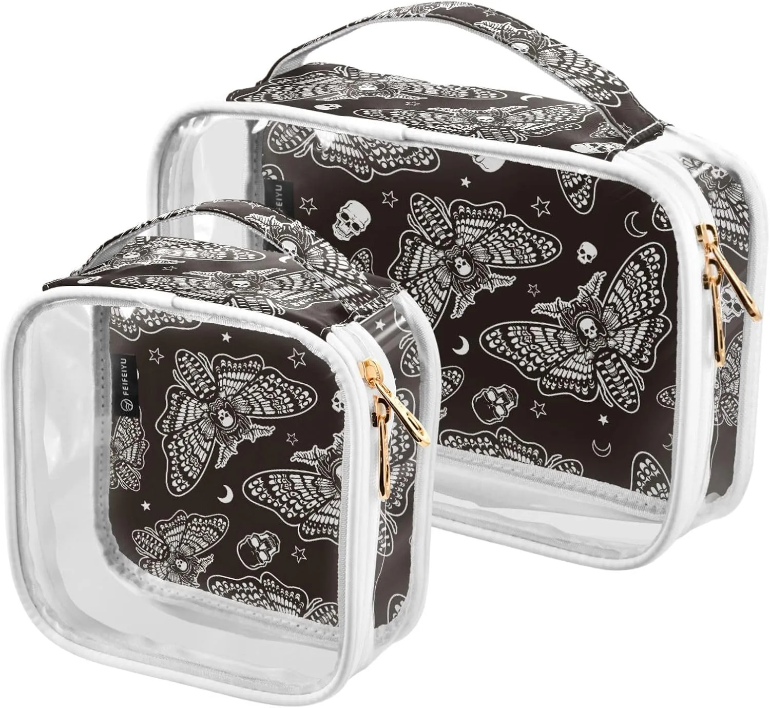 MNSRUU Clear Makeup Bags Moth Skull Moon Esoteric Toiletry Bag for Women 2 PCS Waterproof Clear Bags Clear Travel Toiletry Bag Small Cosmetic Makeup Bag, Carry on Airport Airline Compliant Bag