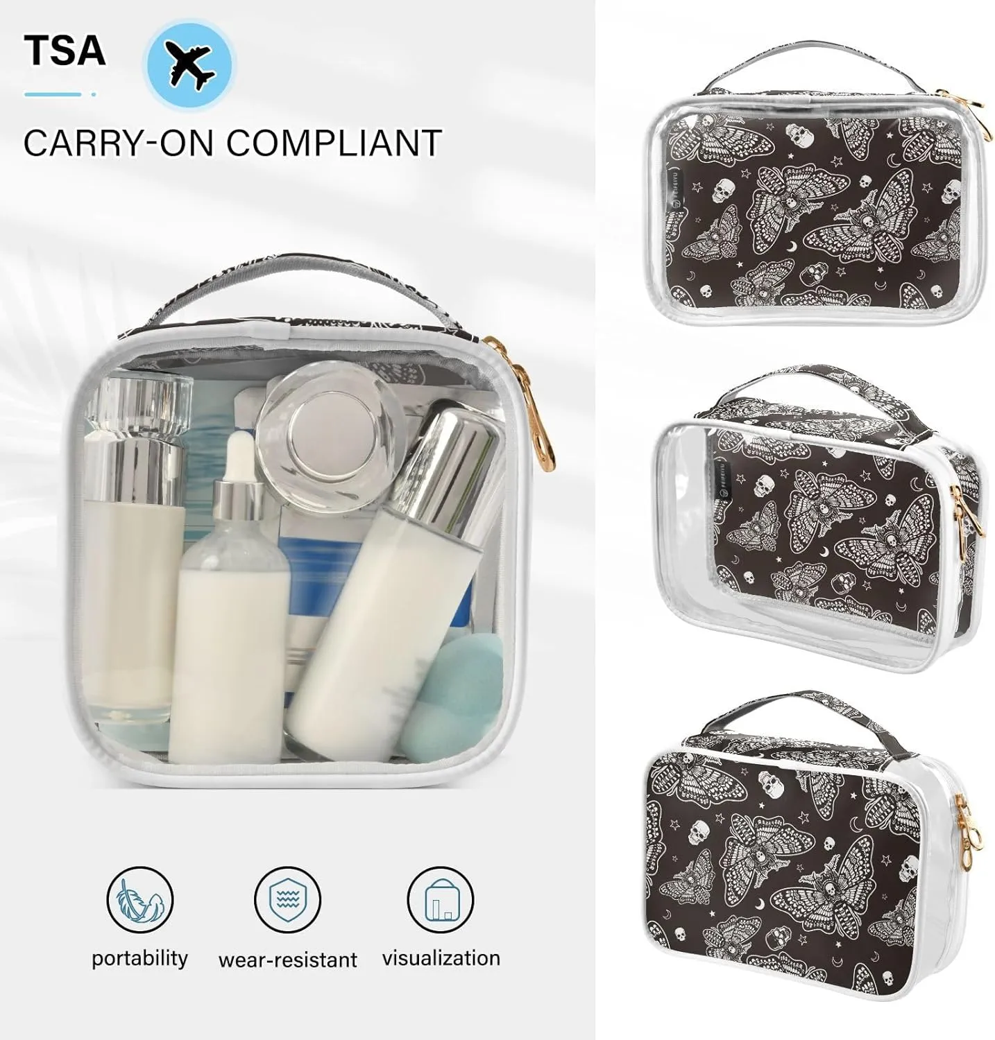 MNSRUU Clear Makeup Bags Moth Skull Moon Esoteric Toiletry Bag for Women 2 PCS Waterproof Clear Bags Clear Travel Toiletry Bag Small Cosmetic Makeup Bag, Carry on Airport Airline Compliant Bag