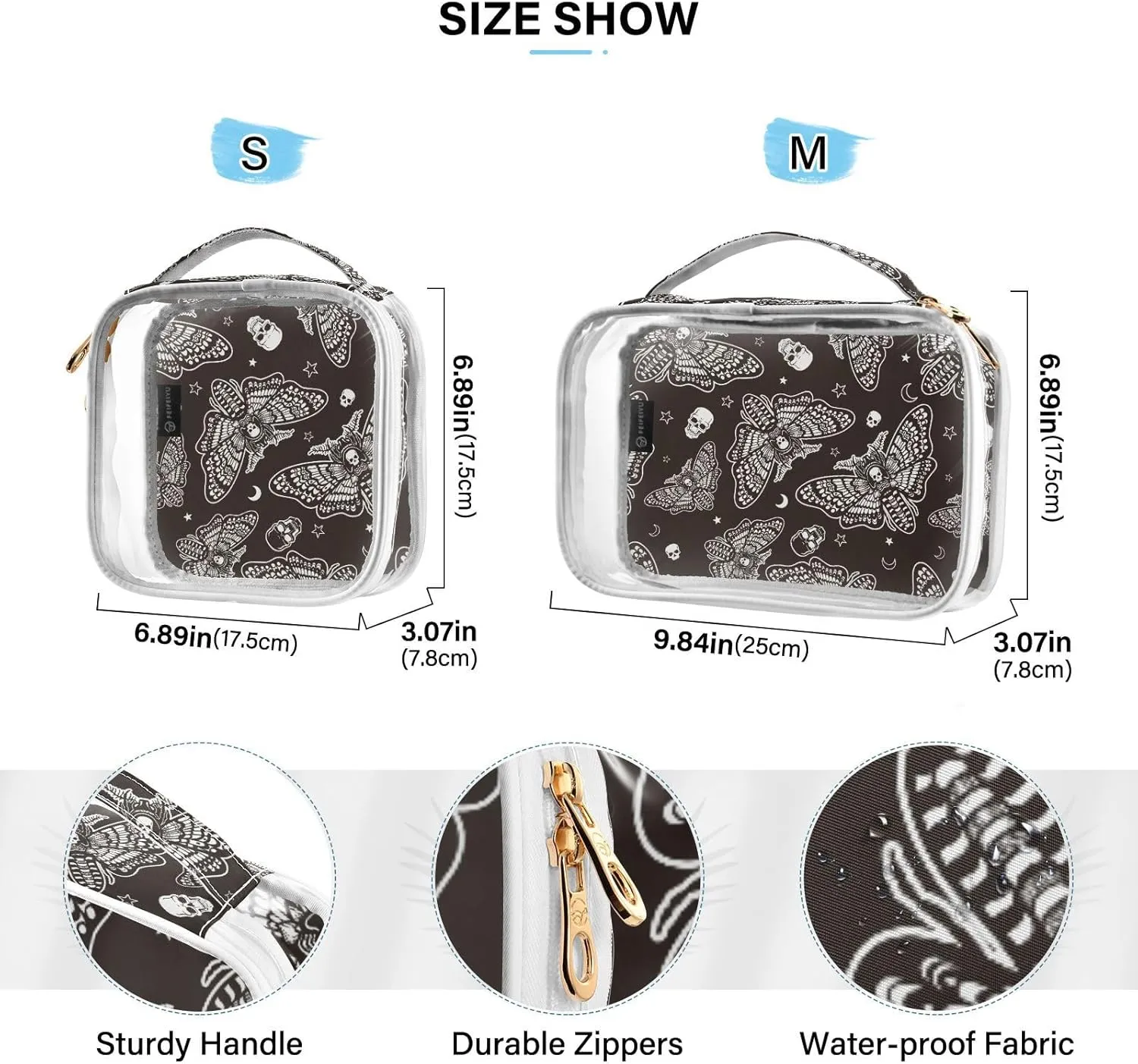 MNSRUU Clear Makeup Bags Moth Skull Moon Esoteric Toiletry Bag for Women 2 PCS Waterproof Clear Bags Clear Travel Toiletry Bag Small Cosmetic Makeup Bag, Carry on Airport Airline Compliant Bag